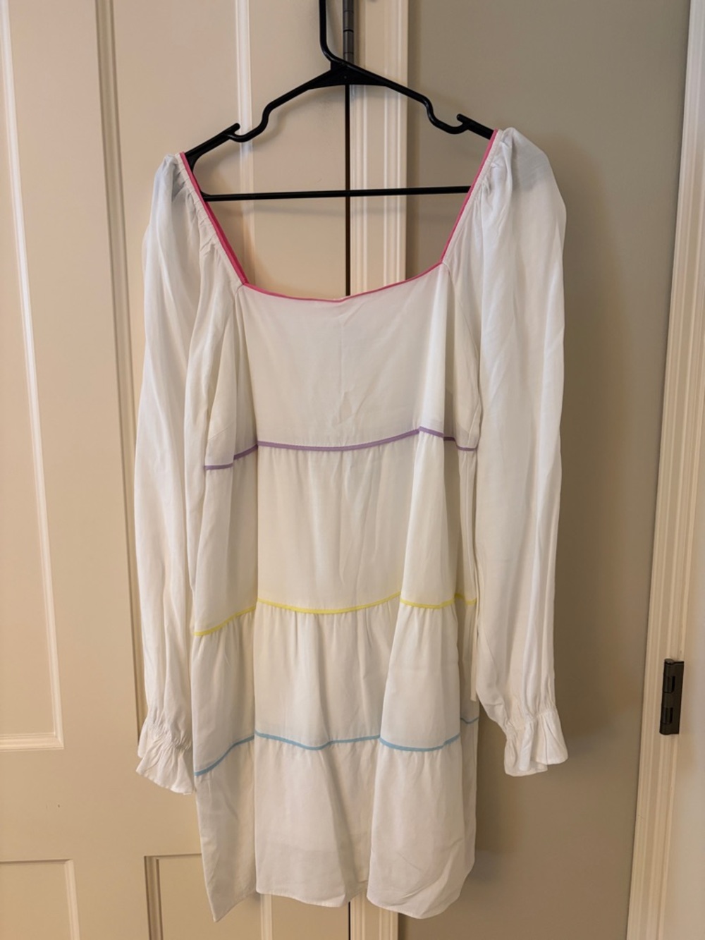 Lucy Paris White Dress with Pink Trim and Multicolor Edge